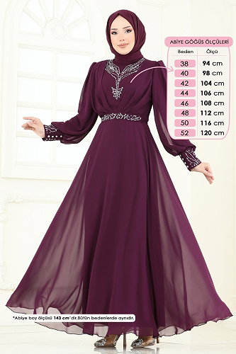 moda selvim Taşlı Şifon Tesettür Abiye 7084ABK1075 Mor - Thumbnail