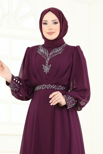 moda selvim Taşlı Şifon Tesettür Abiye 7084ABK1075 Mor - Thumbnail