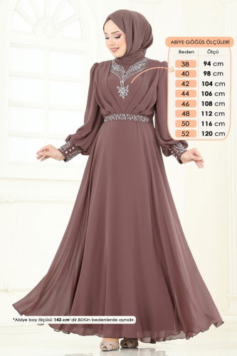 moda selvim Taşlı Şifon Tesettür Abiye 7084ABK1075 Pudra Vizyon - Thumbnail