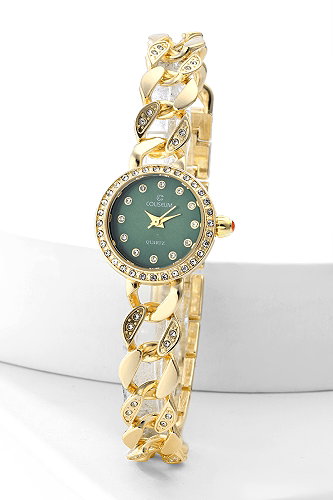 moda selvim Taşlı Şık Kol Saati 8853CLSK1184 Gold&Zümrüt - Thumbnail
