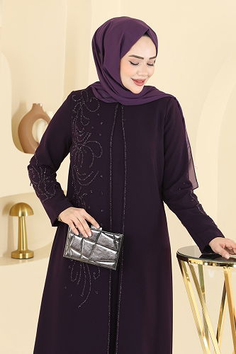 moda selvim Taşlı Takım Görünümlü Elbise 7018OZT1013 Mürdüm - Thumbnail