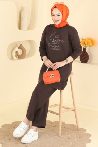 T.P.K. - Taşlı Yazı Detaylı 2 li Takım 2801TPK1167 Kahve