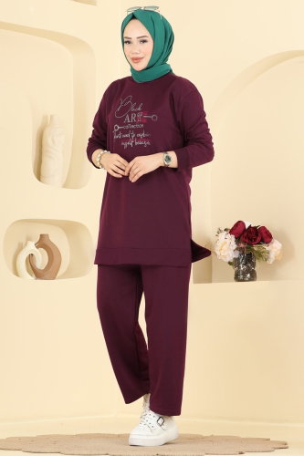 T.P.K. - Taşlı Yazı Detaylı 2 li Takım 2801TPK1167 Mürdüm