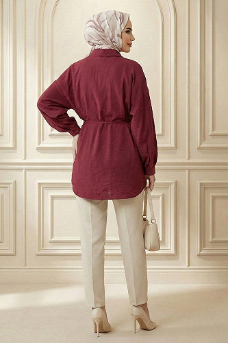 moda selvim Taşlı Zincir Detaylı Gömlek 5336NFC915-M Bordo - Thumbnail