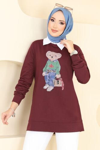 Teddy Baskılı Tesettür Tunik 2609SL432 Bordo - 3