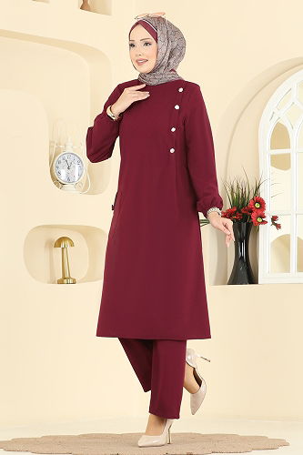 moda selvim Tek Cepli Krep Takım 2774MH427 Bordo - Thumbnail