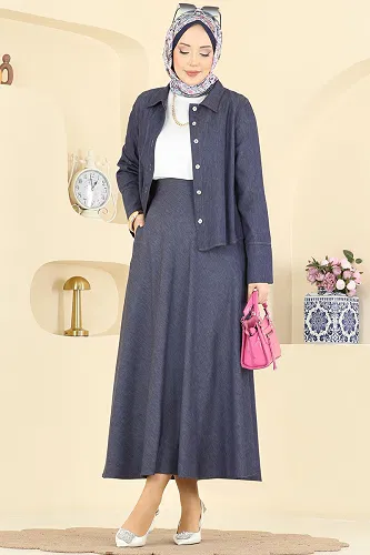 moda selvim Tensel Etekli 2 li Takım 6287BSK463 Koyu Kot - Thumbnail