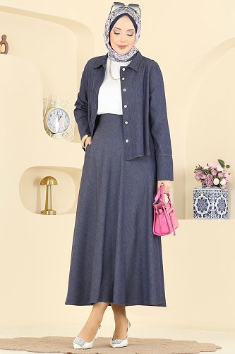 moda selvim Tensel Etekli İkili Takım 6287BSK463 Koyu Kot - Thumbnail