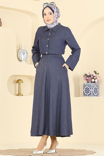 moda selvim Tensel Etekli İkili Takım 6287BSK463 Koyu Kot - Thumbnail