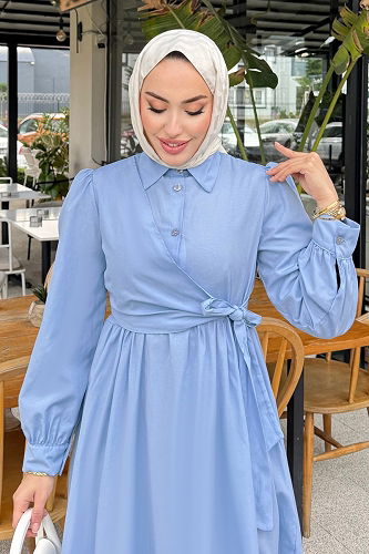 moda selvim Terikoton Gömlek Yaka Elbise 4709ALGK1170 Bebe Mavisi - Thumbnail