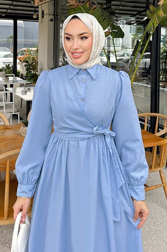 moda selvim Terikoton Gömlek Yaka Elbise 4709ALGK1170 Bebe Mavisi - Thumbnail