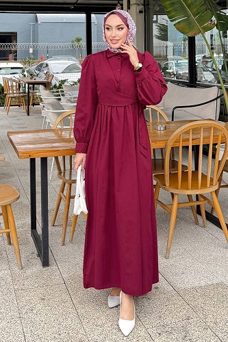 moda selvim Terikoton Gömlek Yaka Elbise 4709ALGK1170 Bordo - Thumbnail