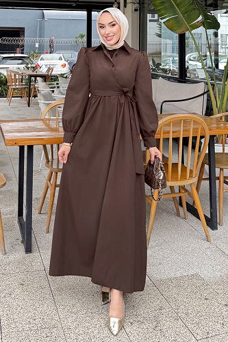 moda selvim Terikoton Gömlek Yaka Elbise 4709ALGK1170 Kahve - Thumbnail
