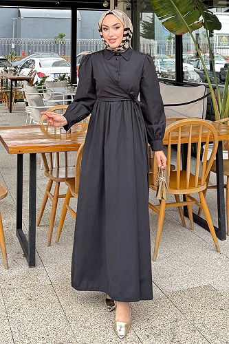 moda selvim Terikoton Gömlek Yaka Elbise 4709ALGK1170 Siyah - Thumbnail