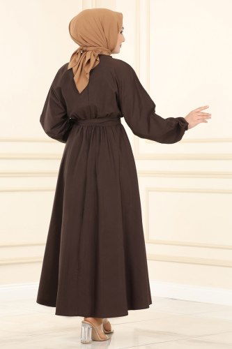 moda selvim Terikoton Mevlana Elbise 3444ALG474 Acı Kahve - Thumbnail