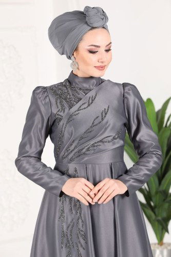 moda selvim Tılsım Saten Abiye 6448YG95 Gri - Thumbnail