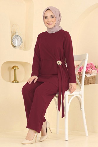 moda selvim Toka Detaylı 2 li Takım 165NZRK1200 Bordo - Thumbnail
