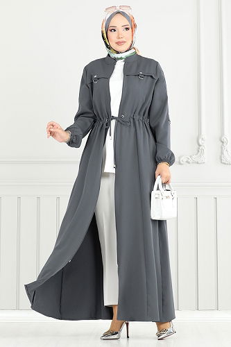 moda selvim Toka Detaylı Dabıl Ferace 23024UKB139 Antrasit - Thumbnail