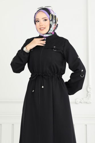 moda selvim Toka Detaylı Dabıl Ferace 23024UKB139 Siyah - Thumbnail
