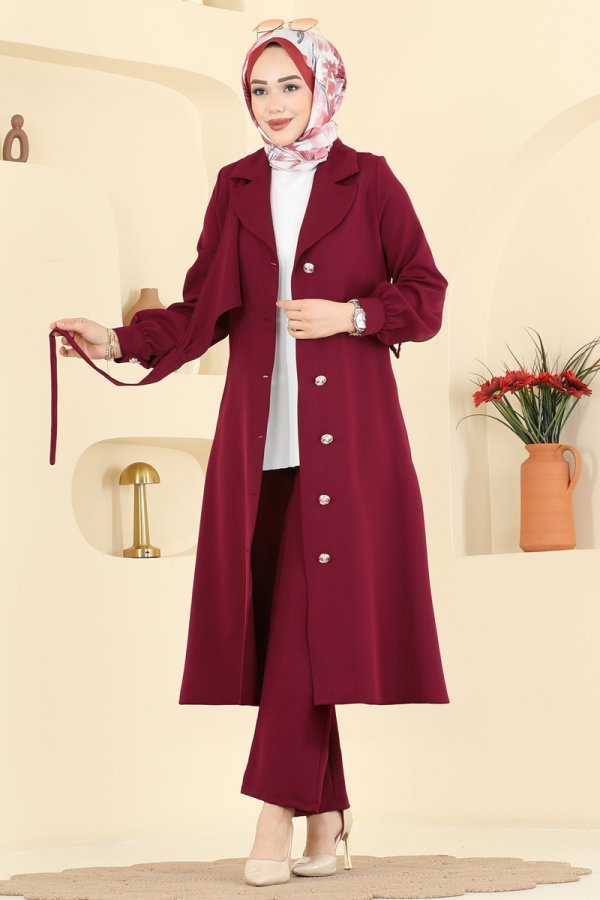 Toka Detaylı Dabıl Takım 2030FON792 Bordo - Moda Selvim