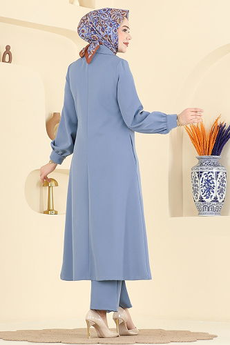 moda selvim Toka Detaylı Dabıl Takım 2030FON792 Mavi - Thumbnail