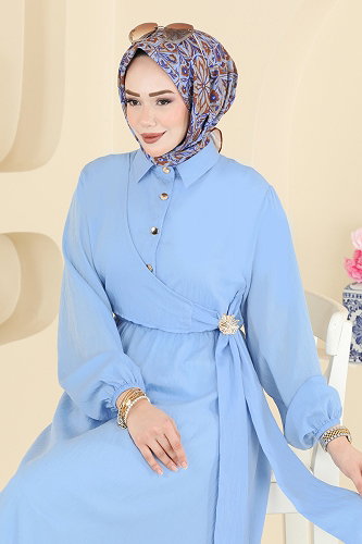 moda selvim Toka Detaylı Elbise 121NZRK1200 Bebe Mavisi - Thumbnail