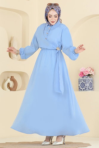 moda selvim Toka Detaylı Elbise 121NZRK1200 Bebe Mavisi - Thumbnail