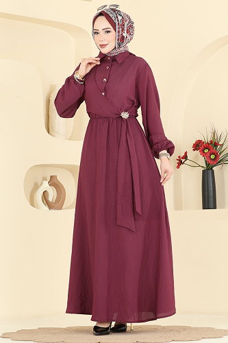 moda selvim Toka Detaylı Elbise 121NZRK1200 Bordo - Thumbnail
