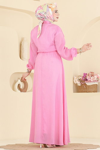 moda selvim Toka Detaylı Elbise 121NZRK1200 Pembe - Thumbnail