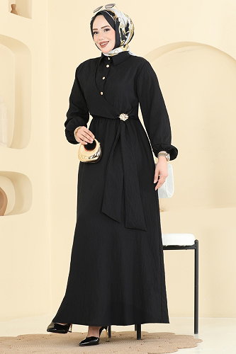 moda selvim Toka Detaylı Elbise 121NZRK1200 Siyah - Thumbnail