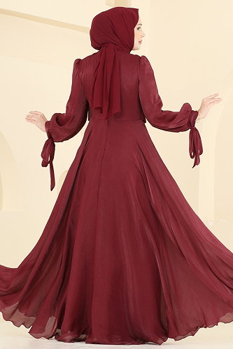 moda selvim Toka Detaylı Janjan Abiye 2855ELC1143 Bordo - Thumbnail