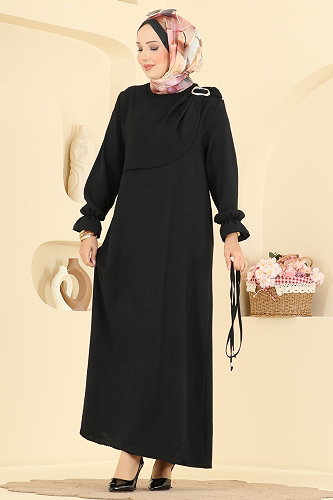 moda selvim Toka Detaylı Kemerli Elbise 5014BM387 Siyah - Thumbnail