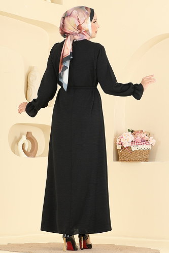moda selvim Toka Detaylı Kemerli Elbise 5014BM387 Siyah - Thumbnail