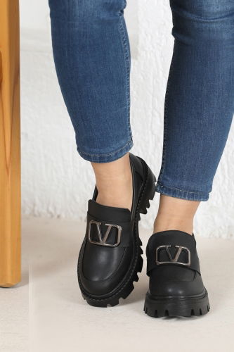 moda selvim Toka Detaylı Loafer Ayakkabı 7053POS830 Siyah - Thumbnail