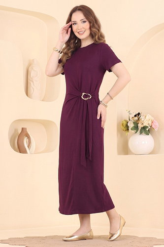moda selvim Toka Detaylı Modal Elbise 2808AYD574 Bordo - Thumbnail