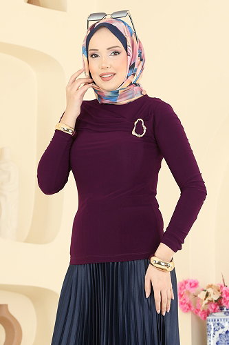 moda selvim Toka Detaylı Sandy Bluz 225BO429 Mürdüm - Thumbnail