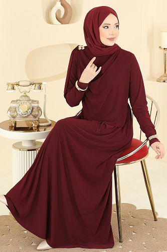 moda selvim Toka Detaylı Sandy Elbise 2455ANT466 Bordo - Thumbnail
