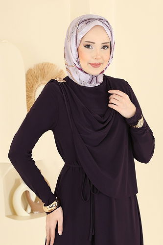 moda selvim Toka Detaylı Sandy Elbise 2455ANT466 Mürdüm - Thumbnail