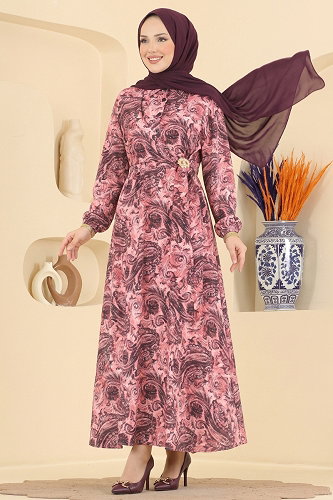 moda selvim Toka Detaylı Şık Elbise 164NZRK1200 Pembe - Thumbnail