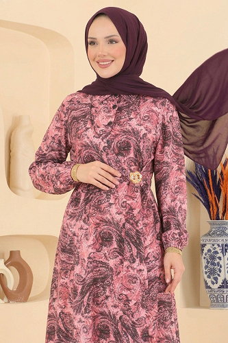 moda selvim Toka Detaylı Şık Elbise 164NZRK1200 Pembe - Thumbnail