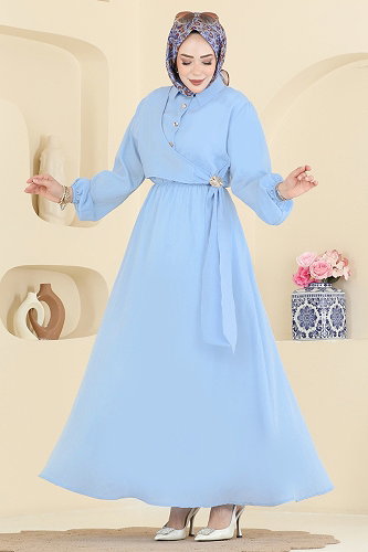 moda selvim Toka Detaylı Viskon Elbise 001NZA1199 Bebe Mavisi - Thumbnail