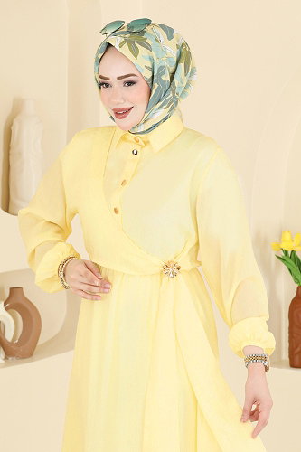 moda selvim Toka Detaylı Viskon Elbise 001NZA1199 Sarı - Thumbnail