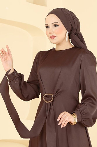 moda selvim Tokalı Saten Şık Abiye 5833EDFK1198 Kahve - Thumbnail
