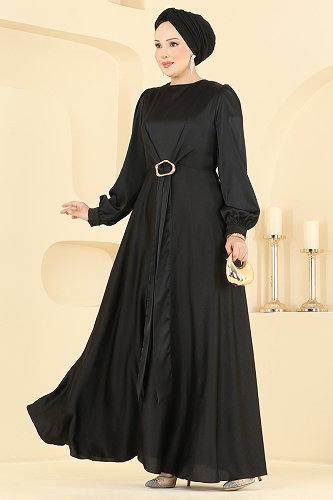 moda selvim Tokalı Saten Şık Abiye 5833EDFK1198 Siyah - Thumbnail