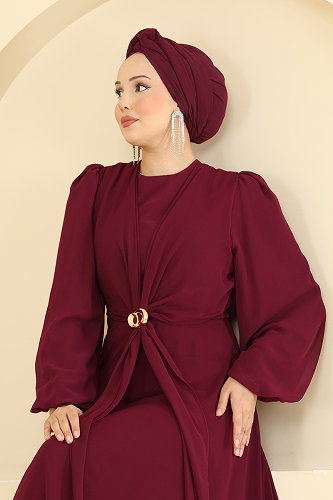 moda selvim Tokalı Şık Şifon Abiye 6304BSK463 Bordo - Thumbnail