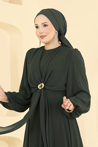 moda selvim Tokalı Şık Şifon Abiye 6304BSK463 Haki - Thumbnail