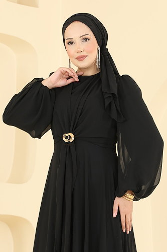 moda selvim Tokalı Şık Şifon Abiye 6304BSK463 Siyah - Thumbnail