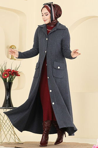 moda selvim معطف رمادي غامق 1983TRT545 - Thumbnail