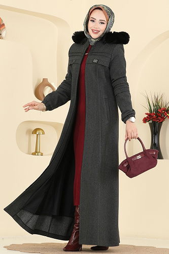 moda selvim معطف رمادي غامق 2076OZT1013 - Thumbnail