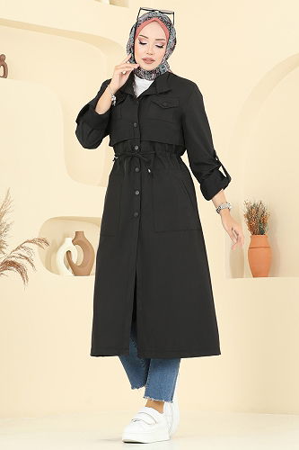 moda selvim Trenchcoat 2512MSA980 Black - Thumbnail